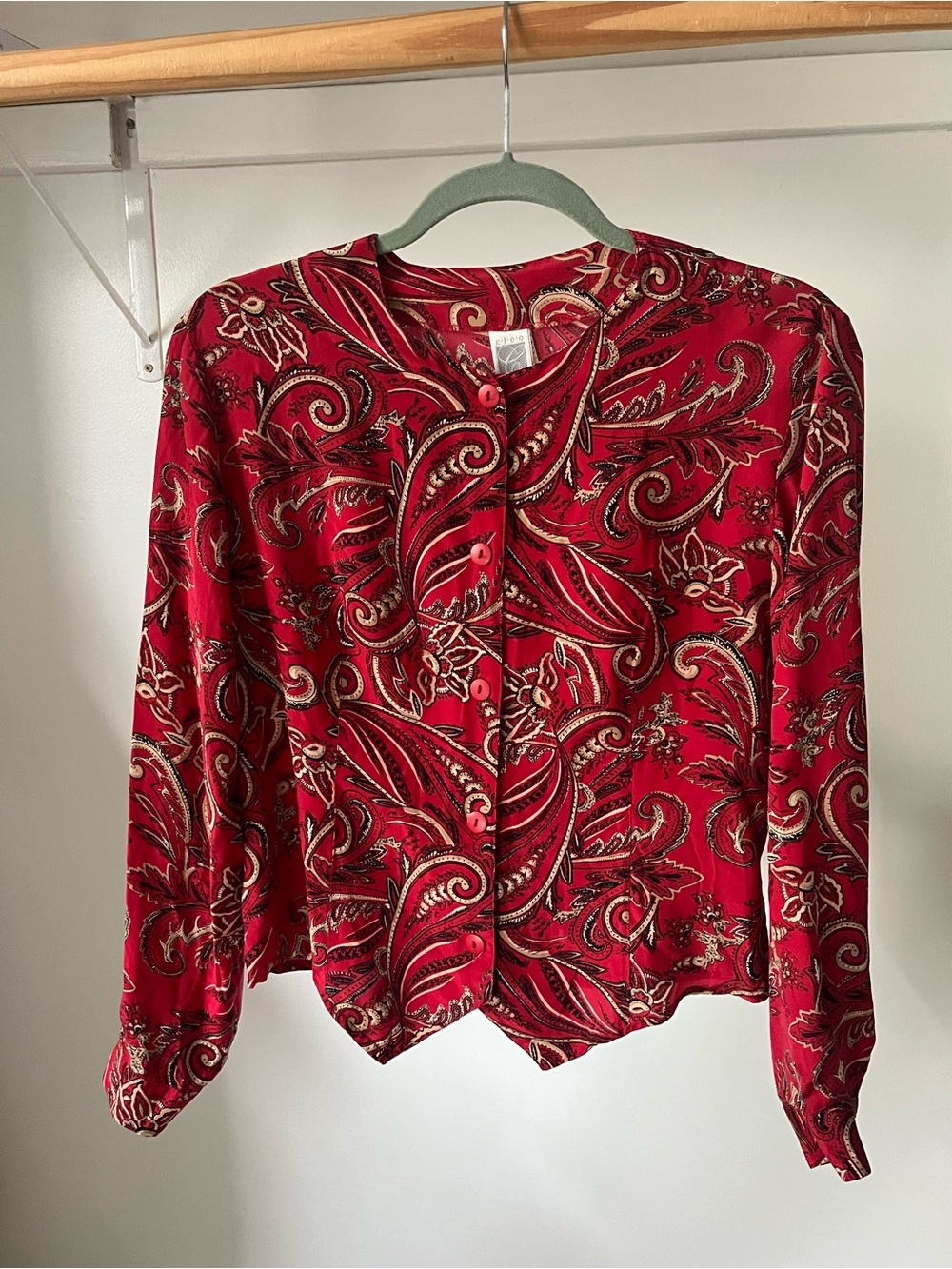 Cleo Petites Women's Red Paisley Button-Front Silk Blouse Size 8